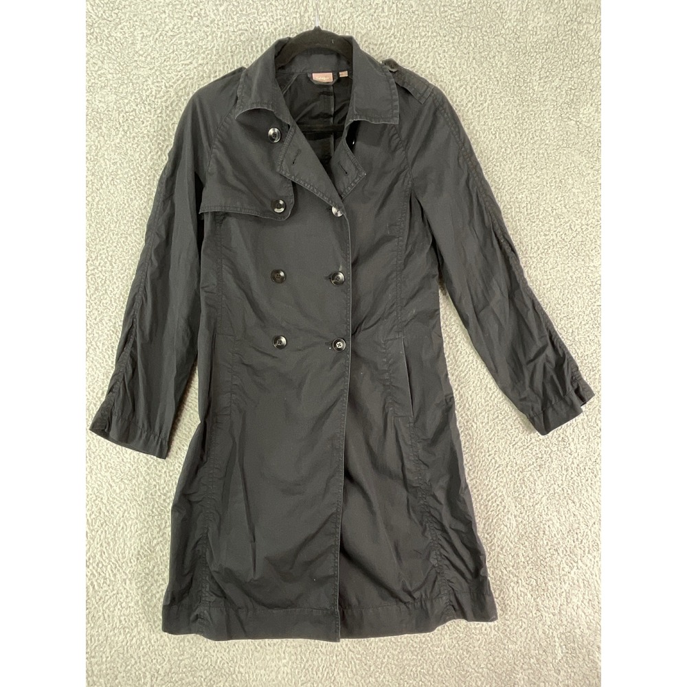Talbots Trench Coat Women Small Black Double Breasted Cotton Blend Lightweight